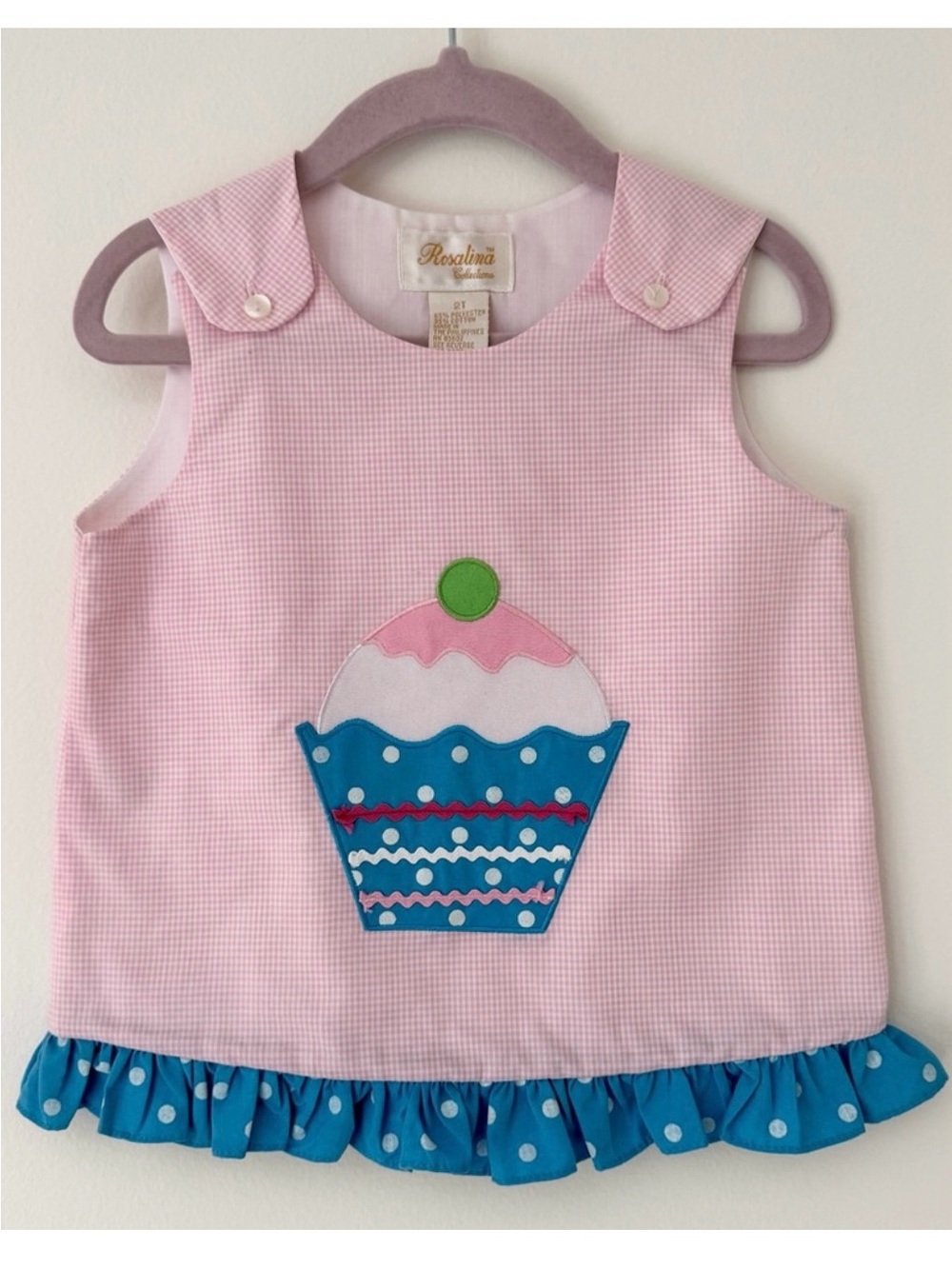 Vintage Rosalina Collection Sweet Pink and Blue Cupcake Gingham Dress, Sz 2T EUC